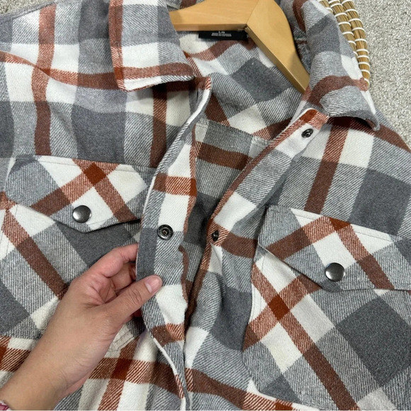 HFX Wool Blend Flannel Plaid Shacket Jacket Western Relaxed Fit Gray/Brown L - Picture 10 of 16